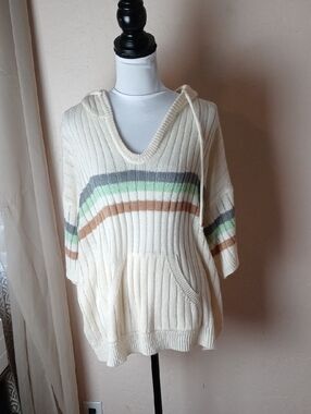 BiBi Cream V‑Neck Hooded Sweater with Gray, Green & Tan Stripes